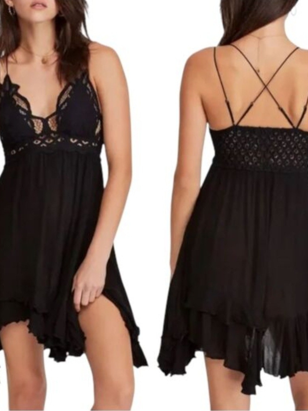 Free People One Adella Black Lace Boho Mini Dress Sz. L